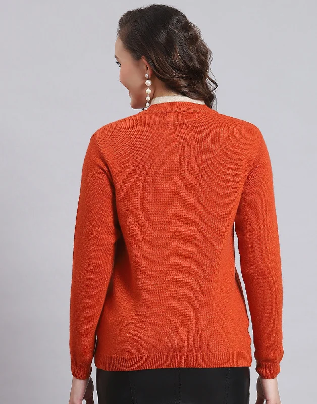 Women Orange Solid V Neck Full Sleeve Sweater