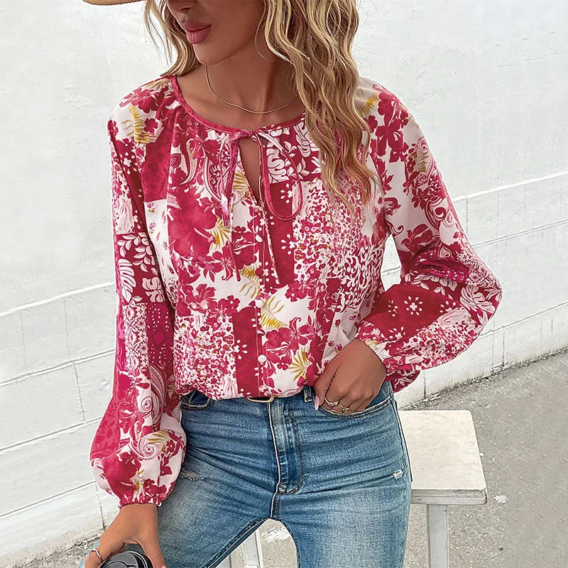 Women's Autumn Casual Printed Shirt Fashion Puff Blouses