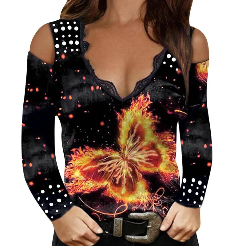 Women's Off-the-shoulder V-neck Sexy Long Sleeve Rose Butterfly Print Blouses