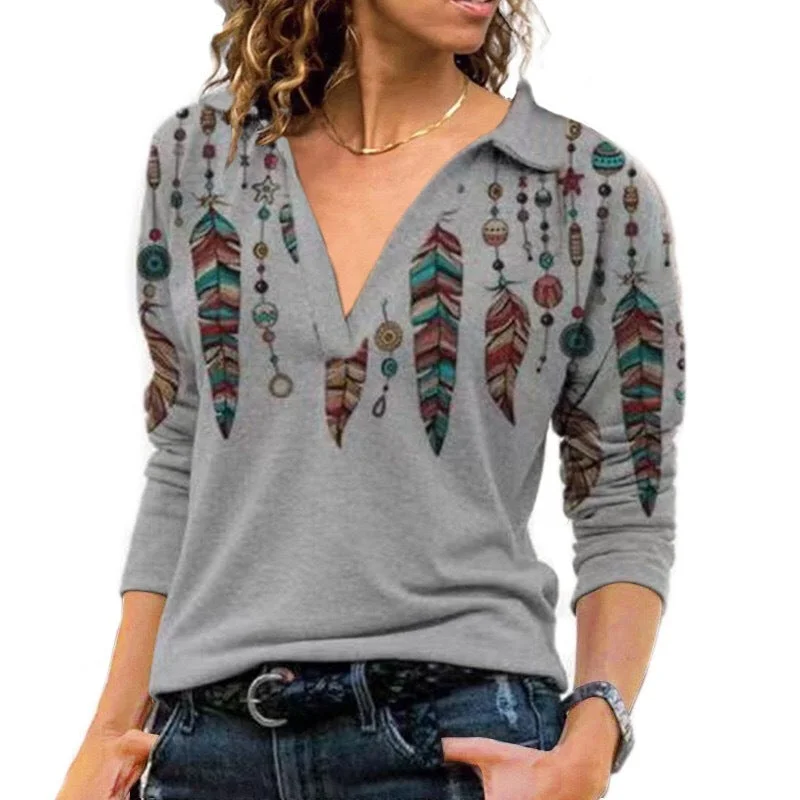 Women's Retro Loose V-shaped Lapel Print Long-sleeved Blouses