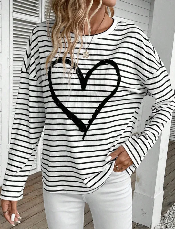 Women's Simple Striped Oblique Love Towel Embroidery Blouses