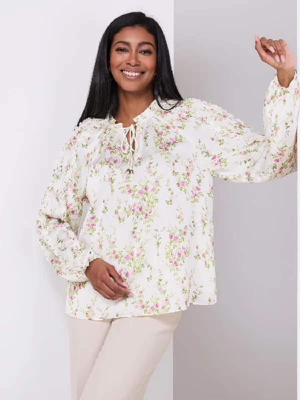 Floral Print Popover Blouse With Neck Tie