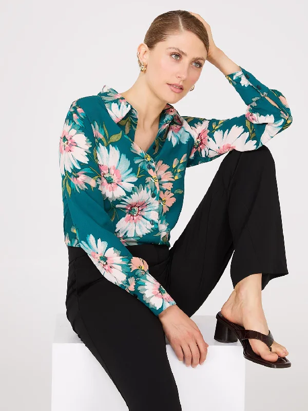 Floral Print Chiffon Button-Front Blouse