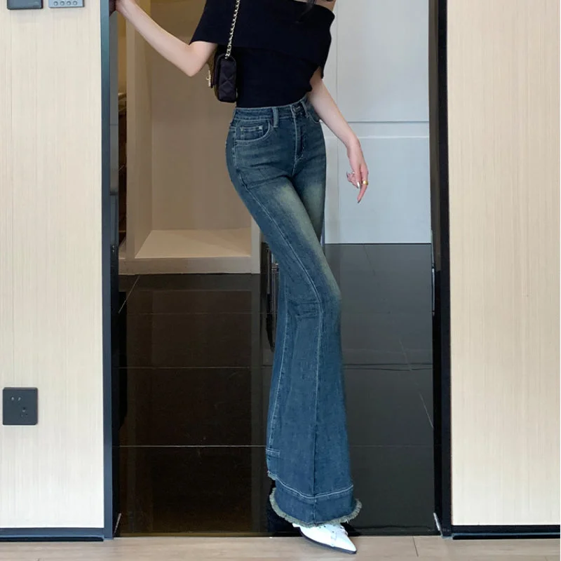 The design temperament shows thin flared floor jeans women's casual trousers slightly stretchy LL-625