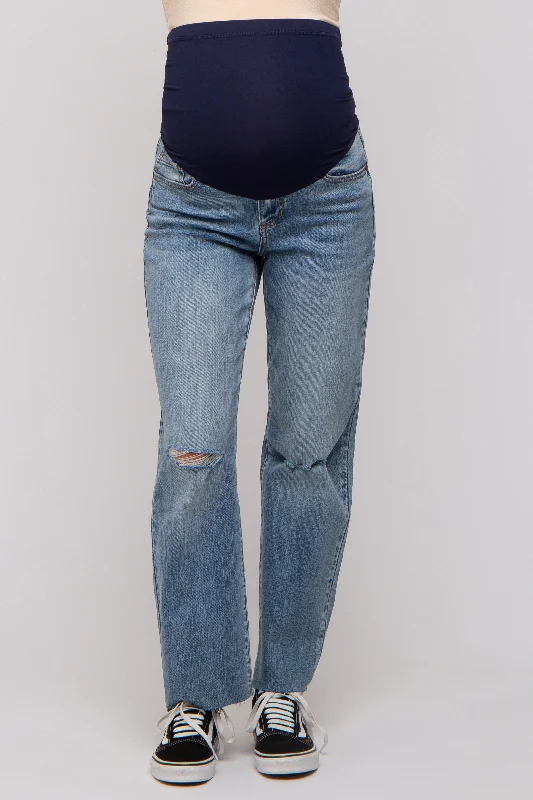 Blue Distressed Knee Straight Maternity Jeans