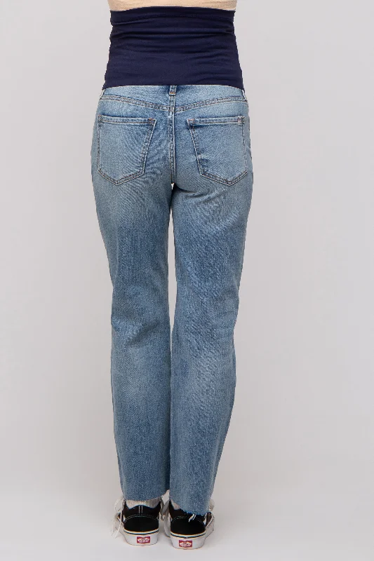 Blue Distressed Knee Straight Maternity Jeans