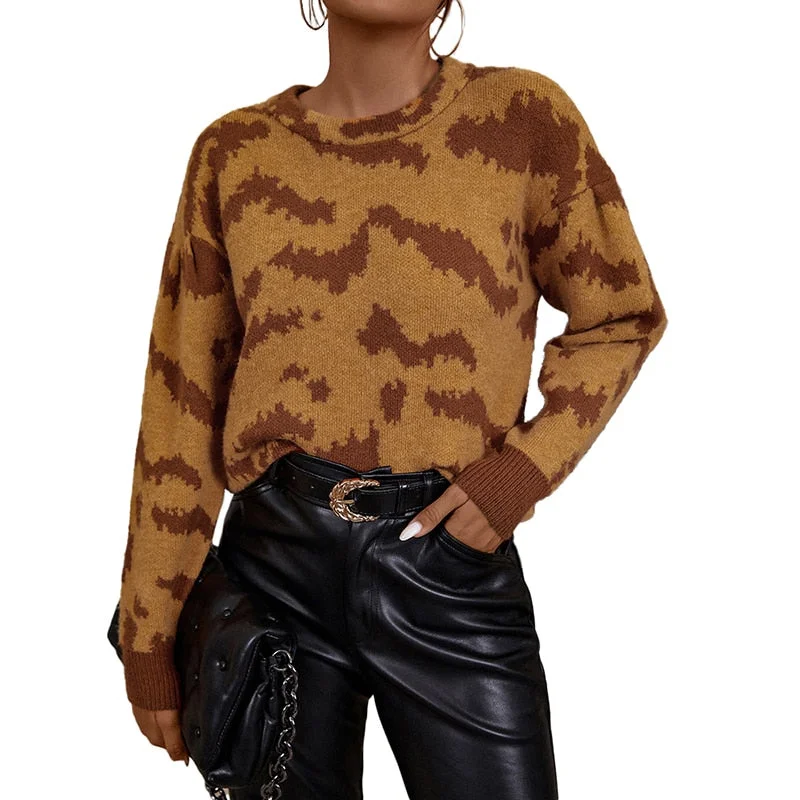 Aimays  Brown Orange Long Sleeve O Neck Animal Zebra Pattern Print Knit Clothing Autumn Winter  Women Short Pullover Sweater