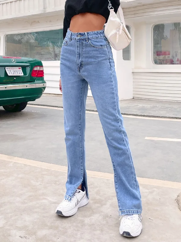 MegaBetty - High-Waisted Slant Pocket Split Hem Vintage Straight Jeans