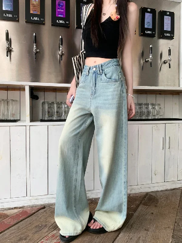 Vintage Washed Women Y2k Streetwear High Waisted Straight Wide Leg Denim Jeans