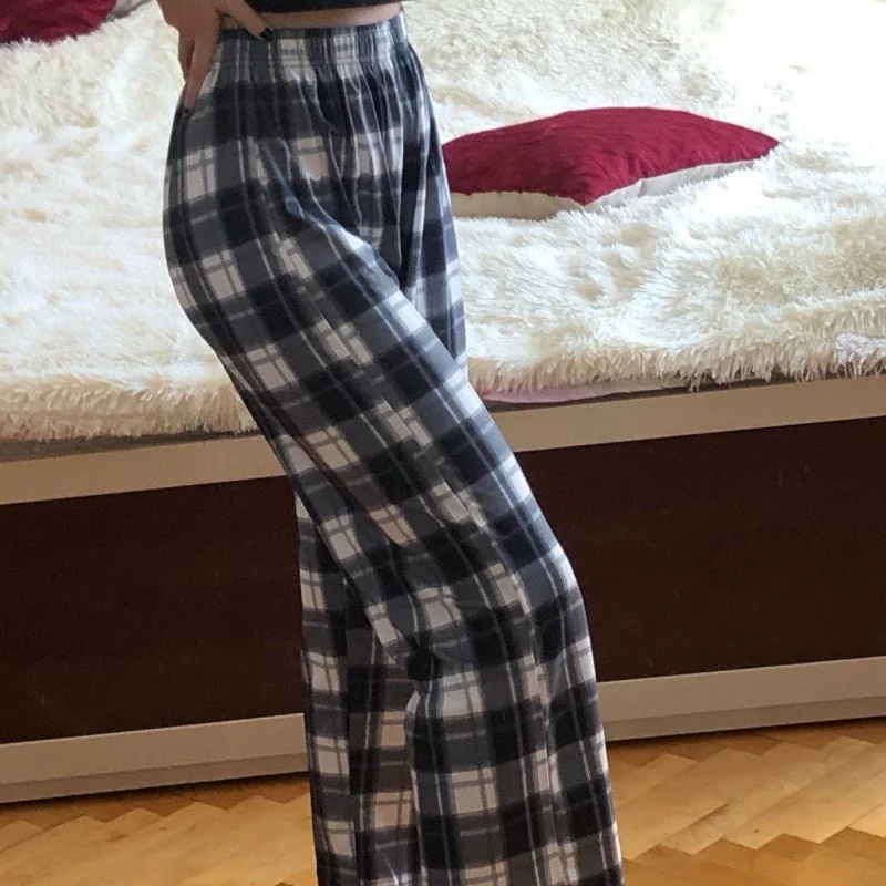 KittenAlarm - Mojoyce Fashion Wide Leg Pants Womens Hot Sale Summer Fall Chic High Waist Streetwear Vintage Plaid Pants Casual Female Trousers