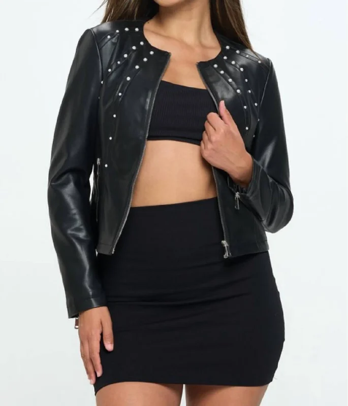 Faux Leather Moto Jacket In Black