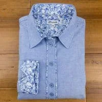 Grenouille Ladies Long Sleeve Blue Oxford Shirt with Blue and Silver Grey Floral Print Detail