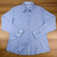 Grenouille Ladies Long Sleeve Blue Oxford Shirt with Blue and Silver Grey Floral Print Detail