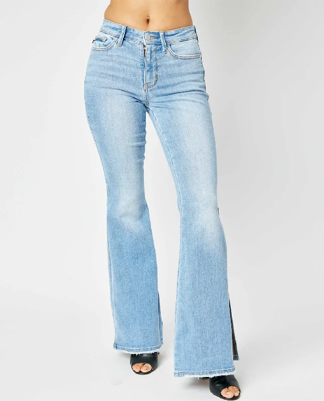 Judy Blue Mid-Rise Peak-a-Boot Hem Slit Flare Jeans