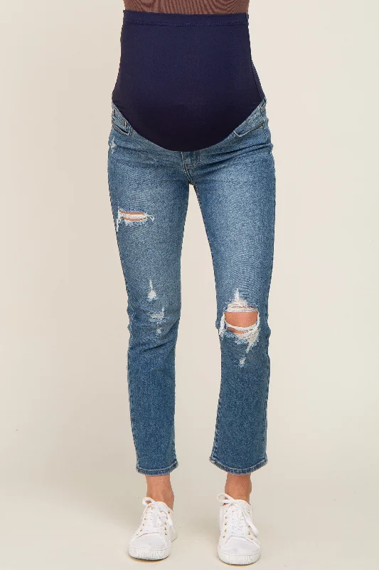 Navy Blue Distressed Raw Hem Maternity Jeans