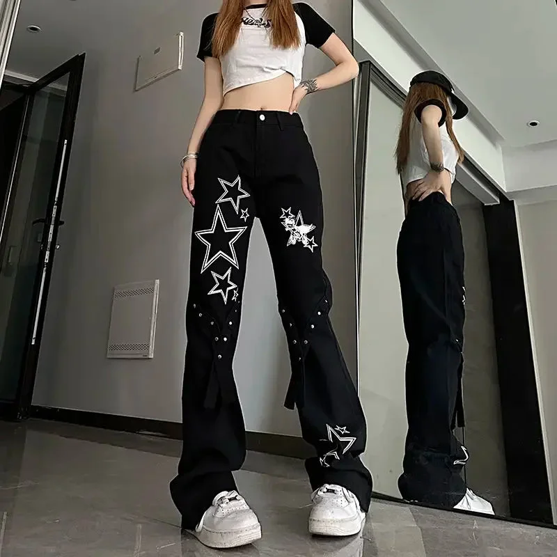 Micro-La American Star Jeans Female ins Trend Joker Y2k High Waist Slim Loose Pant