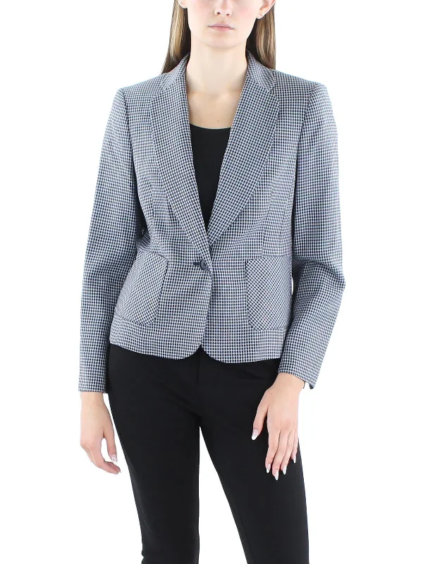 Petites Womens Houndstooth Notch Collar One-Button Blazer