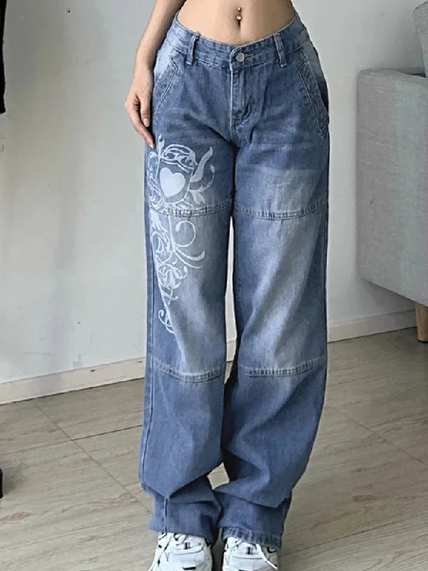 Printed Cargo High Waist 90s Baggy Dark Blue Brown Jean