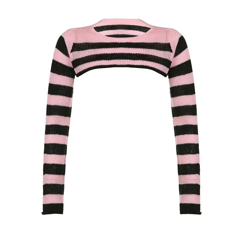 Aimays-Retro Pink Stripe Knitted Long Sleeve Sweater