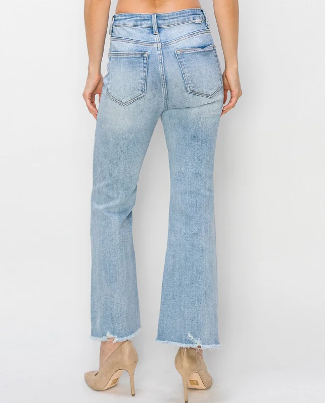 Risen High Rise Side Step Hem Crop Flare Jeans