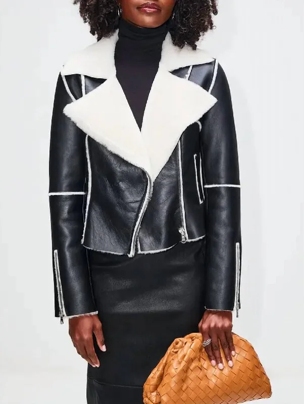 Shearling Biker Jacket In Black/ivory