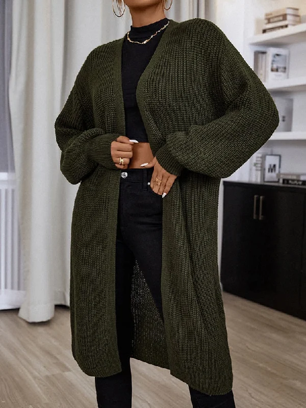 Aimays  Solid Dark Green H Shape Knee Length Loose Open Cardigan Sweater Long Lantern Sleeves Winter Minimalism Knit Clothing