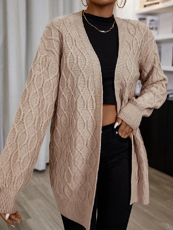 Aimays  Solid Khaki Light Brown H Shape Knee Length Loose Open Cardigan Sweater Long Sleeves Winter Cable Pattern Knit Clothing