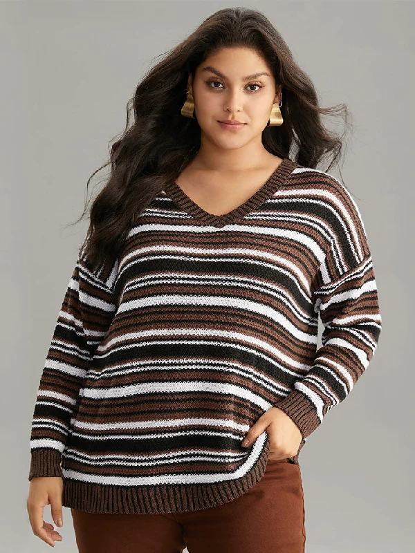 Striped Contrast Crew Neck Drop Shoulder Pullover