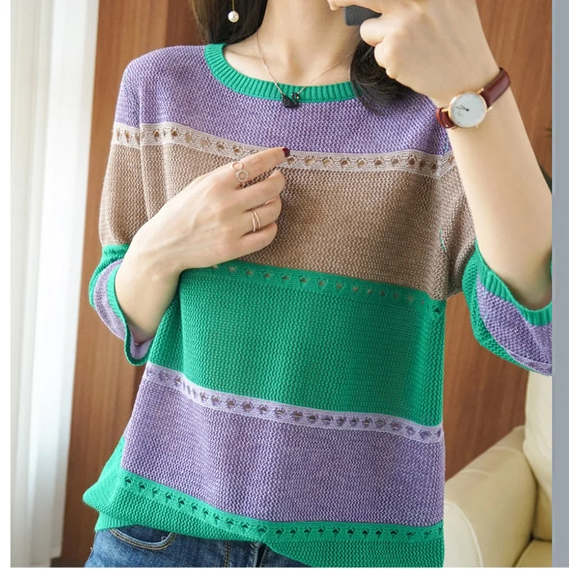 Aimays  Summer Women Knitted Short Sleeve  Thin Sweater Female Hollow Out Turtleneck Pullover Ladies Knit Cotton Loose Jumpers