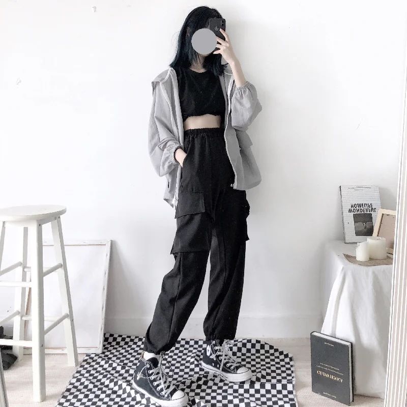 UNISEX FASHION BLACK POCKET WIDE LEG PANTS BY63059