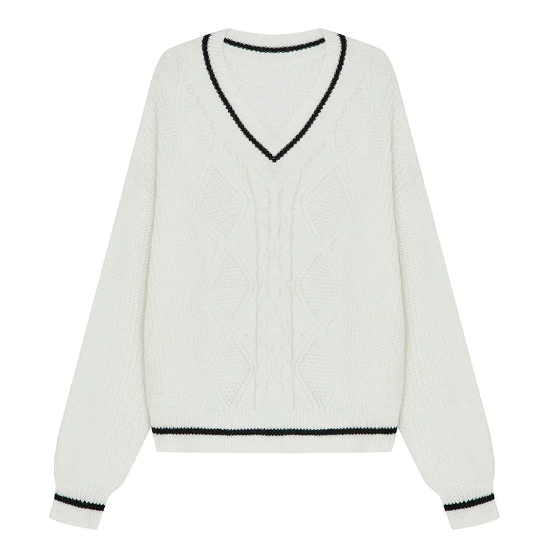 Aimays  White Suede Wool Sweater Autumn Winter  Women Pullover Soft Warm Black Strip V Neck Cable Pattern Knit Tops