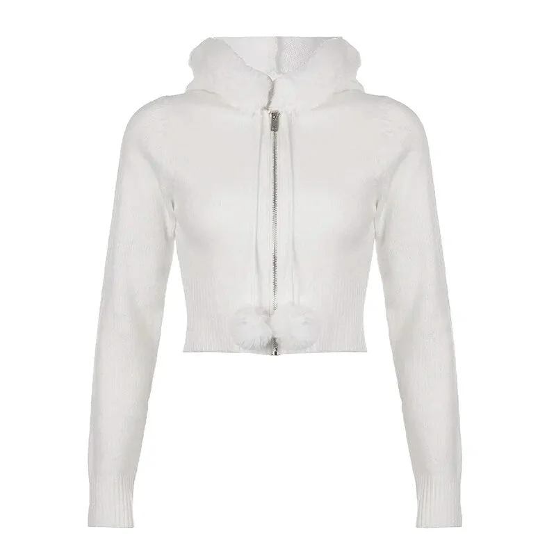 Aimays-White Zip-Up Hairball Fluffy Hooded Knitted Sweater