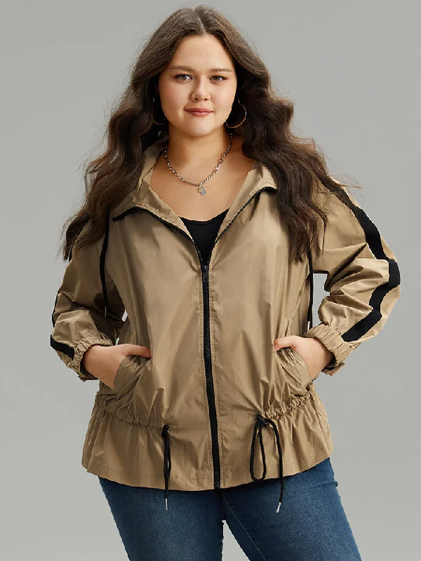 Wind-Resistant Contrast Trim Drawstring Jacket