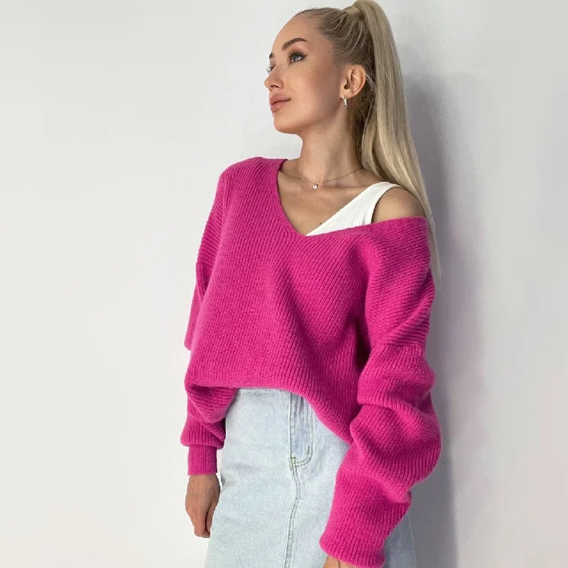 Aimays  Winter Women V Neck One Shoulder Knitted Sweaters Long Sleeve Pullover Tops Stretchable Loose Jumper Basic Outwear