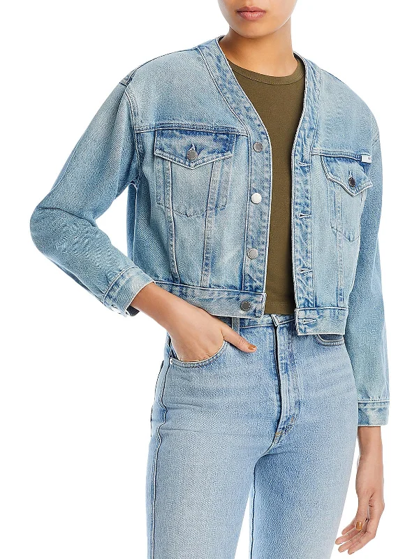 Womens Collarless Cropped Denim Jacket