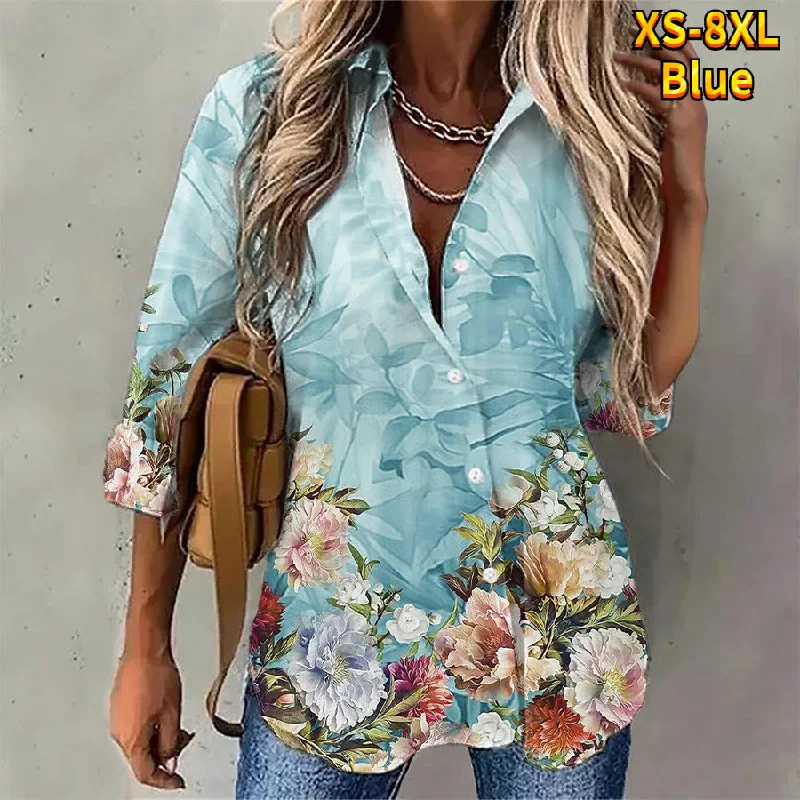 Women's Floral Printed Long Sleeve Button Shirt Blouses