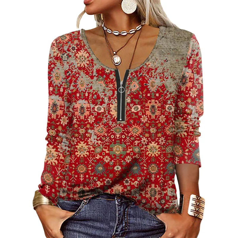 Women's Long-sleeved Zipper Ethnic Fashion T-shirt Blouses