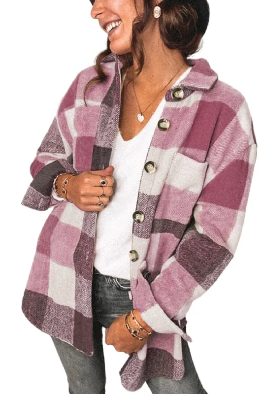 Women's Plaid Shirt Volleyball Buckle With Pockets Coats