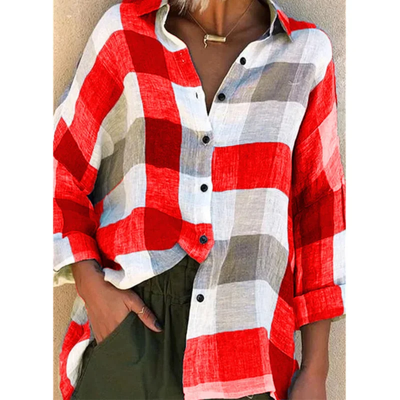 Women's Printed Long-sleeved Shirt Loose Plaid Blouses