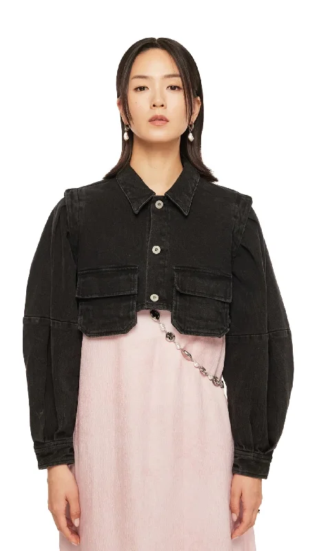 Puff Sleeves Black Denim Short Shirt Jacket