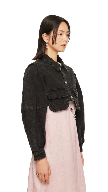 Puff Sleeves Black Denim Short Shirt Jacket