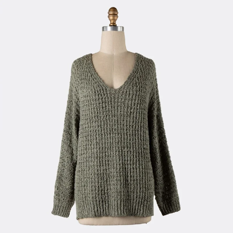 V Neck Ribbed Trim Cable Knit Sweater (Sage)