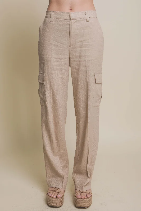 Women's Linen Cargo Pants With Side Pockets - LOV6882PH