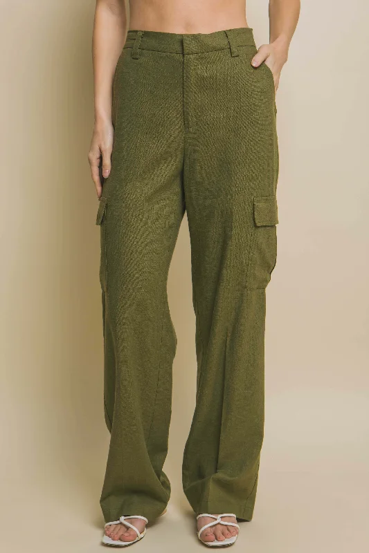 Women's Linen Cargo Pants With Side Pockets - LOV6882PH