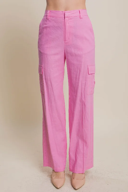 Women's Linen Cargo Pants With Side Pockets - LOV6882PH