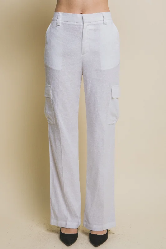 Women's Linen Cargo Pants With Side Pockets - LOV6882PH