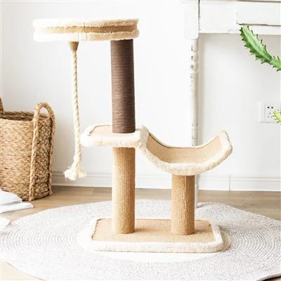 Catry, Cradle-Beige Cat Tree Cradle Bed with Recycled Paper Scratching Posts and Teasing Rope