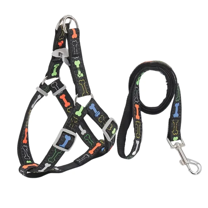 Supet Stylish Bone Pattern Dog Harness and Leash Set (Black) - Medium