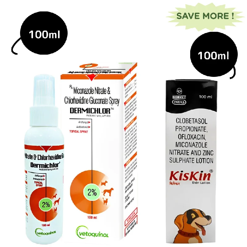 Vetoquinol Dermichlor Spray (100ml) and Intas Kiskin Lotion for Dogs and Cats (100ml) Combo